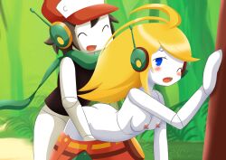 1boy 1girls bbmbbf black_hair blonde_hair blue_eyes breasts cap cave_story curly_brace doggy_style furry metallic_body nipples palcomix quote_(cave_story) robot scarf sex vaginal_penetration