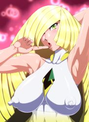 1girls alternate_version_available armpits blonde_hair clothing erect_nipples female female_only game_freak green_eyes hair hair_over_one_eye hand_behind_head kido_keiji long_hair looking_at_viewer lusamine_(pokemon) milf mother nipples_visible_through_clothing open_mouth pokemon pokemon_sm solo solo_female topwear white_outfit