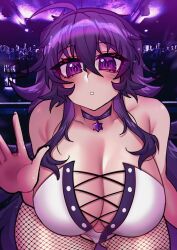 1girls 2022 ahoge blush breasts choker cleavage crawling_dreams female female_only fishnets hi_res huge_breasts indoors leaning_forward long_hair looking_at_viewer messy_hair nyarla_(crawling_dreams) osiimi purple_eyes purple_hair thighs very_long_hair