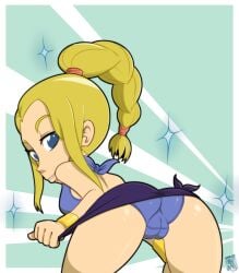 ass bent_over bikini blonde_hair blue_eyes braided_hair cameltoe esther_(nnk) female kenbr_arts milf ni_no_kuni pov_ass presenting_ass sparkles swimsuit