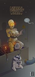 2022 ambiguous_gender bathing blackrosette breasts c-3po dialogue droid duo english_text female genitals glowing glowing_eyes gold_body hi_res humanoid machine metallic_body mtf_crossgender nipples nude pussy r2-d2 robot robot_humanoid rule_63 speech_bubble standing star_wars text unseen_character yellow_eyes