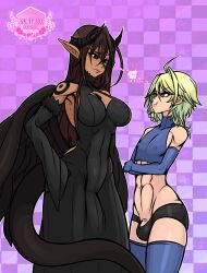 1boy 1futa abs androgynous atelier_sol_aer big_breasts big_penis black_eyes blonde_hair blue_eyes boob_window braid breasts brown_hair bulge cleavage cleavage_cutout clothed clothing dark-skinned_futanari dark_skin demon demon_girl dress duo elaine_duskray(xenxia) femboy fully_clothed futanari horns human humanoid light-skinned_male light_skin long_hair male markings mostly_clothed nohl_onyxstone_(xenxia) penis penis_under_clothes pointy_ears pout short_hair shorts skin_tight standing tail thick_tail trap wide_hips wings xenxia