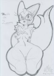 2022 anthro blush bodily_fluids breasts female fluffy fluffy_tail fur fur_markings genital_fluids genitals graphite_(artwork) hands_behind_back kneeling looking_at_viewer lunaris_parukia markings medium_breasts navel nintendo nipples nude open_mouth open_smile pokémon_(species) pokemon pokemon_(species) pokemorph pussy pussy_juice seiza shoulder_tuft sitting smile solo traditional_media_(artwork) tuft video_games wide_hips zangoose zelia_(lunaris_parukia)