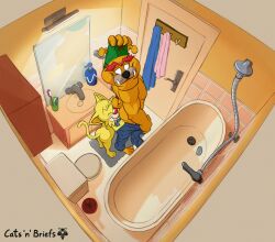 animated anthro bathing bathroom bathtub brown_body brown_fur canid canine canis cedamuc1 clothing couple_(disambiguation) detailed_background domestic_cat domestic_dog dribble_(warioware) duo felid feline felis fur gay hi_res male male/male male_only mammal mario_(series) nude oiruse red_nose romantic romantic_couple shower spitz_(warioware) undressing warioware water wholesome yaoi yellow_body yellow_fur