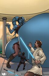 aayla_secura anakin_skywalker armlet arms_up armwear beard blue_skin boots breast_expansion breasts brown_hair clothed clothed_male clothing expansion expansion-fan-comics facial_hair female female_focus footwear holding_object holding_sword holding_weapon hyper_breasts larger_female lightsaber loincloth obi-wan_kenobi pants shocked signature smaller_female standing star_wars sword tentacle tentacle_hair tunic twi'lek weapon