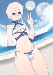 1boy asymmetrical_hair bare_shoulders bikini blush bulge dutch_angle femboy male male_only moon multicolored_eyes ocean original outdoors penis_in_bikini ra4s rio_(ra4s) shaved_side short_hair solo standing thighs twink two_piece_swimsuit v water white