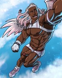 african african_male blitzturner cupid_(blitzturner) dark-skinned_male dark_skin dreadlocks flying half-erect male male_only melanin muscles muscular muscular_male mythos twitter_user_oc uncut white_hair wings