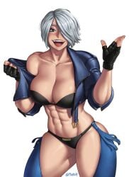 abs angel_(kof) bikini_bottom bikini_top blue_eyes chaps gloves jacket king_of_fighters large_breasts leather leather_jacket mootium muscles muscular muscular_female smile smiling smiling_at_viewer taking_clothes_off tassel tassels white_background white_hair