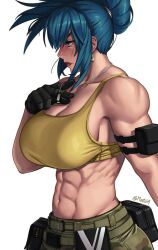 1girls abs blue_eyes blue_hair camo_pants camouflage crop_top dog_tags earrings female female_only gloves human ikari_warriors king_of_fighters large_breasts leona_heidern mootium muscular_female pouch pouches solo yellow_topwear