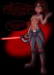 1girls black_hair breasts dark-skinned_female dark_skin dialogue female female_only inquisitor lightsaber raunchyravenremix second_sister small_breasts speech_bubble star_wars topless_female trilla_suduri yellow_eyes