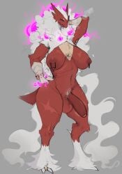 2022 anthro balls beak biped blaziken breasts colored_fire digital_media_(artwork) erection fire futanari genitals grey_background gynomorph hair hi_res humanoid_genitalia humanoid_penis intersex lvlirror nintendo nipple_piercing nipples penis piercing pokemon pokemon_(species) purple_eyes purple_fire red_body scars_all_over simple_background solo tan_body video_games white_hair