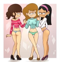 2022 3girls aged_up black_eyes black_hair breasts brown_hair drawsoyeah female_only fiona_(the_loud_house) high_heels holding_hands interlocked_fingers jackee_(the_loud_house) looking_at_viewer mandee_(the_loud_house) multiple_girls nickelodeon no_pants panties pumps smile sweater the_loud_house thigh_gap thighs thong trio