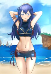 1girls alternate_costume arms_behind_head ass_visible_through_thighs beach blue_bikini blue_eyes blue_hair blue_swimsuit female female_only fire_emblem fire_emblem_awakening fire_emblem_cipher long_hair lucina_(fire_emblem) lucina_(summer)_(fire_emblem) nintendo ocean official_alternate_costume pose solo swimsuit symbol-shaped_pupils zipperqr