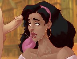 1boy 1girls after_fellatio black_hair cum cum_in_mouth cum_on_face cum_on_upper_body dark-skinned_female dark_skin disney ear_ring esmeralda green_eyes gypsy hair_ribbon interracial light-skinned_male light_skin looking_up penis testicles the_hunchback_of_notre_dame