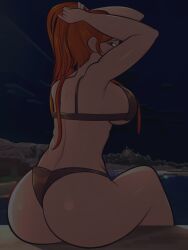 1girls alex_(minecraft) arkeus arms_up ass big_ass big_breasts big_hips bikini black_bikini black_eyes breasts dat_ass edit female female_only hips looking_at_viewer looking_back minecraft night outside red_hair sideboob sitting tagme thighs