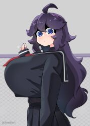 alternate_breast_size big_breasts blue_eyes blushing_at_viewer breasts clothed game_freak headband hex_maniac huge_breasts long_hair looking_at_viewer nintendo painted_nails pokemon pov purple_hair purple_nails sailor_uniform side_view sideboob spiral_eyes toudori waving