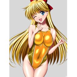 1girls big_breasts bishoujo_senshi_sailor_moon blonde_hair blue_eyes bow female female_only golden_swimsuit long_hair minako_aino one-piece_swimsuit red_ribbon sen_(sansui) small_breasts solo swimsuit