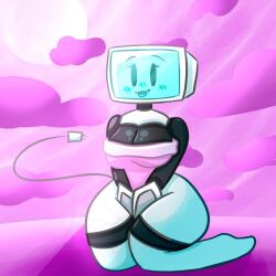 big_breasts black_body cleavage computer computer_head computer_monitor cute exposing half_naked huge_breasts huge_hips knees_bent large_ass large_breasts maxster_the on_knees pink_background pink_sky pink_sweater robot robot_girl robotic rubber_skin screen_face skin_tight thick_hips thick_thighs tongue_out wide_thighs