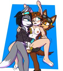 anthro bandana blue_eyes blush brown_fur color fan_character female furry goggles goggles_on_head gray_fur lagomorph loaf_(texas_toast) orange_hair rabbit rabbit_ears rabbit_humanoid tan_fur texas_toast threesome