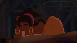 black_hair blonde_hair blowjob closed_eyes dark-skinned_female disney ear_ring esmeralda fellatio hair_ribbon light-skinned_male oral penis phoebus tagme the_hunchback_of_notre_dame wristband