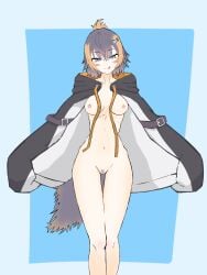 :d belly_button black_hair blue_eyes bottomless breasts breasts_out fluffy_tail hairclip jacket nijisanji nijisanji_en no_bra no_panties penguin penguin_girl petra_gurin short_hair showing_off tongue_out vagina virtual_youtuber