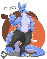 ... absurd_res anthro arador_(aradortd) aradortd blue_body bulge clothed clothing detailed_bulge dragon english_text furgonomics furry-specific_piercing genital_outline green_eyes hi_res male meme no_nut_november open_mouth penis_outline piercing question_mark scalie solo sweatpants tail_piercing text topless