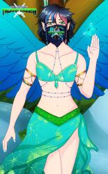 1boy black_hair blush bra butterfly femboy fingernail_polish green_eyes jewelry looking_at_viewer mask masked_male multicolored multicolored_hair sacredcourage skirt smile sykyriala_mytriala tauran'creima watermark waving_at_viewer wings