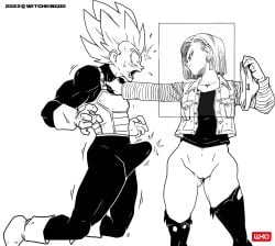 1boy 1girls akira_toriyama_(style) android_18 bottomless choking dragon_ball dragon_ball_(series) dragon_ball_out_of_pannel dragon_ball_z edit erect_penis erection erection_under_clothes female line_art monochrome official_art pussy shounen_jump super_saiyan tagme thick_thighs toei_animation vagina vegeta weekly_shonen_jump wide_hips witchking00