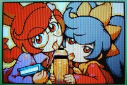 2girls ashley_(warioware) blowjob censor_bar censored censored_penis fellatio glasses mario_(series) oral oral_sex penny_crygor pixelated precum red_dress red_eyes red_hair warioware warioware_d.i.y.