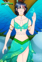 1boy black_hair blush bra butterfly femboy fingernail_polish green_eyes jewelry looking_at_viewer multicolored multicolored_hair sacredcourage skirt smile sykyriala_mytriala tauran'creima watermark waving_at_viewer wings