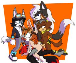 anal anthro blue_eyes brown_fur color fan_character female furry gangbang goggles goggles_on_head gray_fur handjob lagomorph loaf_(texas_toast) meyk orange_hair rabbit rabbit_ears rabbit_humanoid tan_fur texas_toast two_tone_fur vaginal_penetration