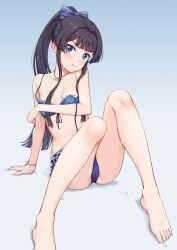 :t adorable angry arm_support bangs bare_legs bare_shoulders barefoot bikini black_hair blue_bikini blue_bow blue_eyes blush bow breasts checkered_bikini checkered_clothes clenched_hand collarbone commentary_request covering covering_breasts crotch cute ear_blush eyebrows_visible_through_hair eyelashes fallen_down female flower frilled_bikini frills gradient gradient_background hairbow highres idolmaster idolmaster_million_live! idolmaster_million_live!_theater_days jewelry knees legs long_hair looking_at_viewer mogami_shizuka navel necklace on_floor ponytail pout puffed_cheeks puffy_cheeks shell_necklace small_breasts solo spread_legs stomach swimsuit thighs v-shaped_eyebrows wet wristband xi_wan_de_xigua_p