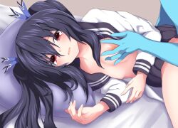 bare_shoulders black_hair blue_skin blush breasts eyebrows_visible_through_hair female hair_between_eyes hair_ornament hair_ribbon highres katade long_hair medium_breasts naked_shirt neptunia_(series) nipples noire paid_reward_available red_eyes ribbon shirt solo_focus twintails very_long_hair