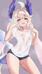 breasts enna_alouette fanning_self hair_wings heavy_breathing nijisanji nijisanji_en no_bra perky_breasts purple_eyes see-through_clothing see-through_shirt short_shorts steam sweat sweaty sweaty_body sweaty_thighs telomere virtual_youtuber white_hair wings