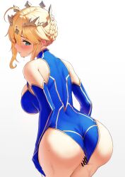 1girls absurd_res alternate_version_available artoria_pendragon artoria_pendragon_(lancer) ass ass_focus bare_shoulders bent_over big_ass big_breasts blonde_hair blue_leotard blush braid braided_bun censor_bar censored censored_pussy clothes_aside crown curvy detached_sleeves dripping elbow_gloves fat_ass fate/grand_order fate_(series) green_eyes halterneck hand_on_leg hand_on_thigh happymonk highres hourglass_figure huge_ass huge_breasts large_ass large_breasts leaning_forward leotard looking_at_viewer looking_back panties_aside pussy round_ass sideboob solar_(happymonk) solo sweat thick_ass thick_thighs thighs tied_hair tight_clothing tight_fit turning_head vagina voluptuous wet_body