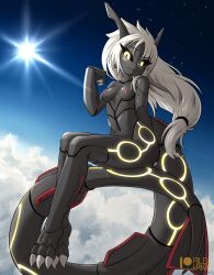 anthro anthrofied black_body breasts claws clouds female hair looking_at_viewer nude pokémon_(species) pokemon rayquaza rilex_lenov shiny_pokemon shiny_rayquaza sitting smile sun white_hair