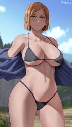 1girls big_breasts bikini black_bikini blush brown_eyes brown_hair edit female_only jujutsu_kaisen kugisaki_nobara large_breasts light_skin outdoors outside raised_eyebrow removing_clothing shexyo short_hair solo solo_female swimsuit thick_thighs third-party_edit