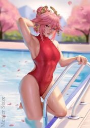 absurdres arm_up armpits artist_name bare_arms breasts cherry_blossoms covered_navel english_text female genshin_impact getting_out_of_pool hair_bun hand_in_own_hair highres light_skin lips looking_at_viewer medium_breasts meister_staze mihoyo nail_polish one-piece_swimsuit outdoors parted_lips petals pink_hair pink_nails pool_ladder poolside purple_eyes red_swimsuit sideboob sleeveless swimsuit text tree water wet yae_miko