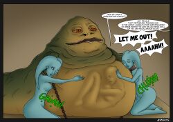 2girls alien belly belly_bulge big_belly blue_skin bondage breasts chain ergos female hutt jabba_the_hutt male medium_breasts monster_pred monster_vore nipples oral_vore qi'ra same_size_vore star_wars stomach_noises twi'lek vore