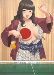 1girls big_breasts blush breasts brown_eyes brown_hair convenient_censoring exposed_breasts female female_only mole mole_on_breast no_bra original ping_pong ping_pong_ball ping_pong_paddle ping_pong_table ryokucha_michi sideboob solo solo_female solo_focus sweat yukata