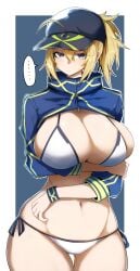 ... 1girls 2022 ahoge arm_under_breasts artoria_pendragon belly_button bikini blonde_hair blue_eyes blush breasts cropped_jacket embarrassed fate/grand_order fate_(series) female female_only gin_moku hat hi_res hips huge_breasts mysterious_heroine_xx_(foreigner) ponytail side-tie_bikini slim_waist speech_bubble straight_face sweatdrop swimsuit thick_thighs thigh_gap thighs white_bikini wide_hips