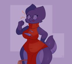 animal big_breasts big_hips coming_out curves curvy_body curvy_female curvy_figure curvy_hips cute exposed_breasts exposed_thighs female female_focus female_only furry glasses glasses_on_head huge_breasts huge_hips kiykobold kiykobold_(character) kobold large_breasts nervous_face poorly_censored purple_background purple_skin red_sweater ripped_clothing round_breasts round_glasses shy spaceysoda speaking suggestive thin_waist wide_hips wide_thighs