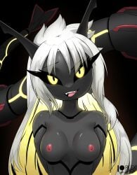 anthro anthrofied black_body breasts eyelashes female hair looking_at_viewer nude open_smile pokémon_(species) pokemon rayquaza rilex_lenov shiny_pokemon shiny_rayquaza smile white_hair