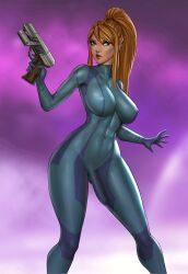 1futa big_breasts big_penis blonde_hair bodysuit breasts bulge cameltail clothed clothing erection firearm freli fully_clothed futa_only futanari handgun human intersex light-skinned_futanari light_skin long_hair metroid nintendo penis penis_in_bodysuit penis_under_clothes ponytail samus_aran solo solo_futa standing tight_clothing weapon zero_suit zero_suit_samus