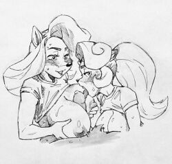 2girls anthro between_breasts blowjob blush coco_bandicoot crash_(series) large_breasts licking licking_penis monochrome oral paizuri penis sketch tawna_bandicoot twistedterra