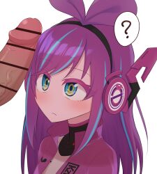 ? bangs bar_censor blush bow censored character_name closed_mouth collar covered_collarbone erection female frown green_eyes hairbow headgear headphones kizuna_ai kizuna_ai_inc. kzn_(cevio) long_hair looking_at_penis multicolored_hair organ_rn penis portrait purple_hair simple_background streaked_hair swept_bangs virtual_youtuber