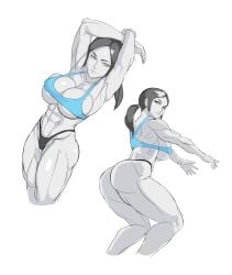 1girls arms_above_head athletic_female big_breasts bricc clothed muscular_female nintendo nisetanaqa simple_background solo sportswear squatting standing tagme wii_fit_trainer