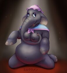 anthro big_belly blue_eyes disney dumbo elephant elephantid eyelashes furry grey_skin hat huge_breasts japanese_text jumbo_(dumbo) kneeling mammal milf milk-ramen nipples open_mouth trunk