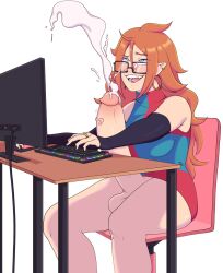 1futa android_21 balls big_balls big_breasts blue_eyes bottomless breasts clothed clothing computer cum dragon_ball dragon_ball_fighterz earrings ejaculation erection female futa_only futanari gaming glasses hands-free handsfree_ejaculation hikikomoriamy huge_cock humanoid humanoid_penis large_penis light-skinned_futanari light_skin mostly_clothed orgasm penis red_hair rolling_eyes solo