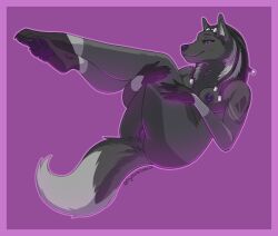 anthro ass breasts canid canine canis dreadlocks female fur furry furry_only genitals glowing glowing_genitalia glowing_pussy grey_body grey_fur hi_res legs_up mammal naked nipples nude purple_eyes pussy reclining smile solo spicychaikitten tail wolf